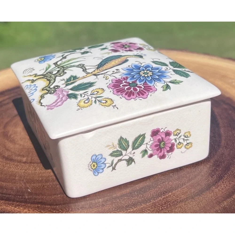 Vintage Purbeck Ceramics Swanage England Trinket Box Peacock Floral Chinoiserie